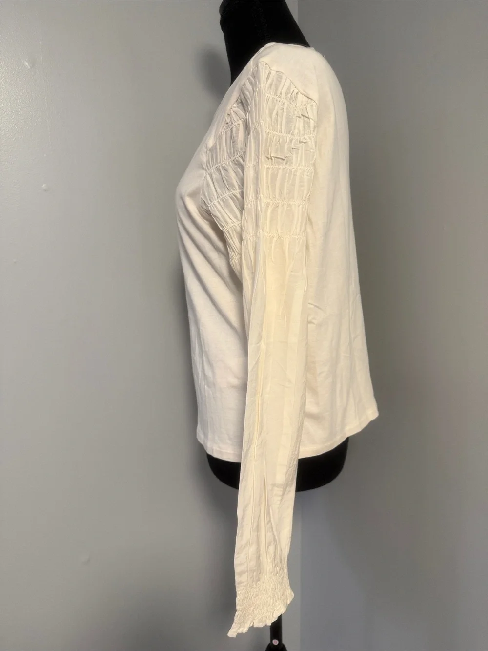 Madewell Cream Smocked Puff-Sleeve Long-Sleeve Top